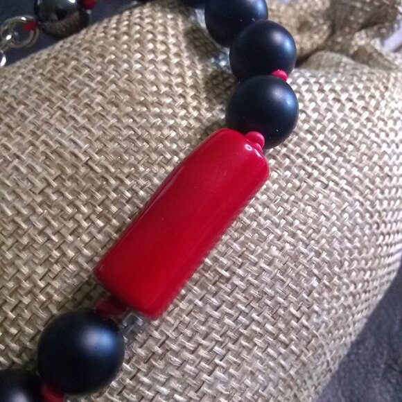 Red & Black Power Bracelet! Professional Wardrobe! Coral Hematite + Stone Beads - Picture 3 of 13